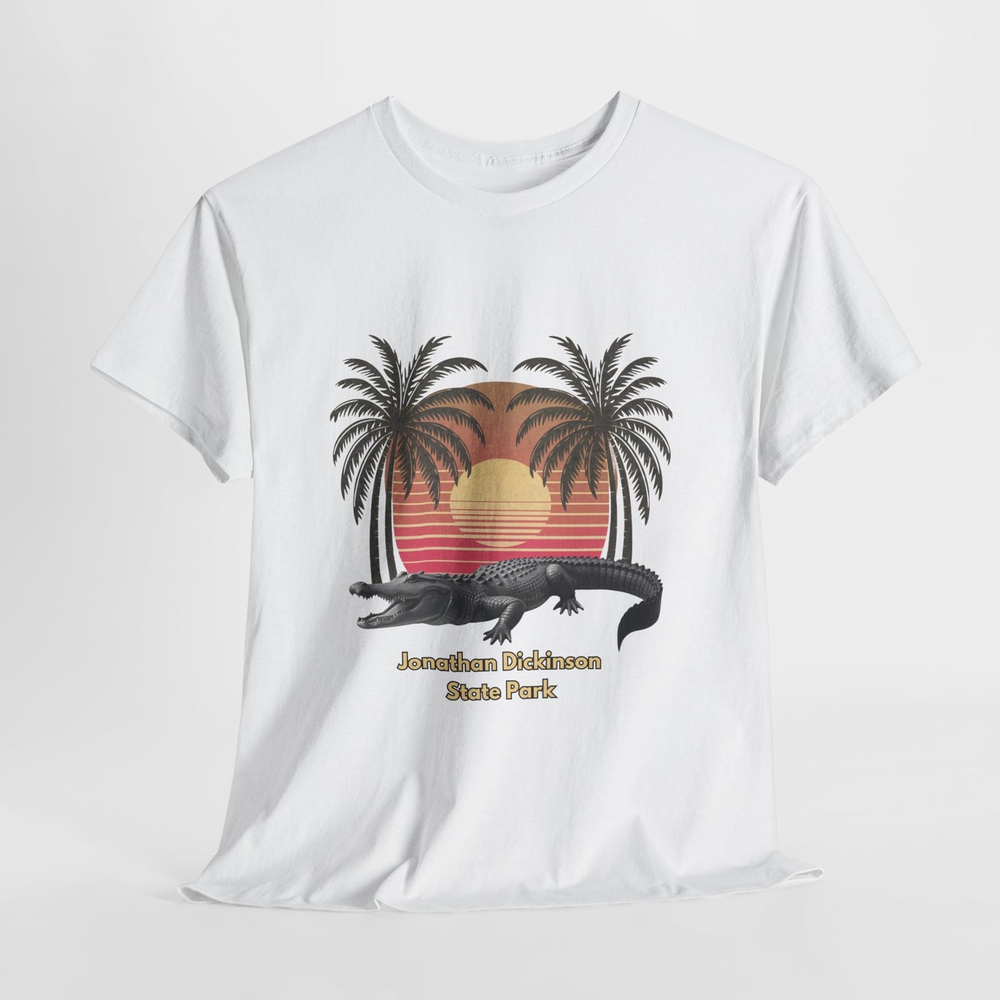 Retro alligator sunset T-shirt inspired by Jonathan Dickinson State Park. Stylish Florida souvenir tee for park lovers and outdoor fans.