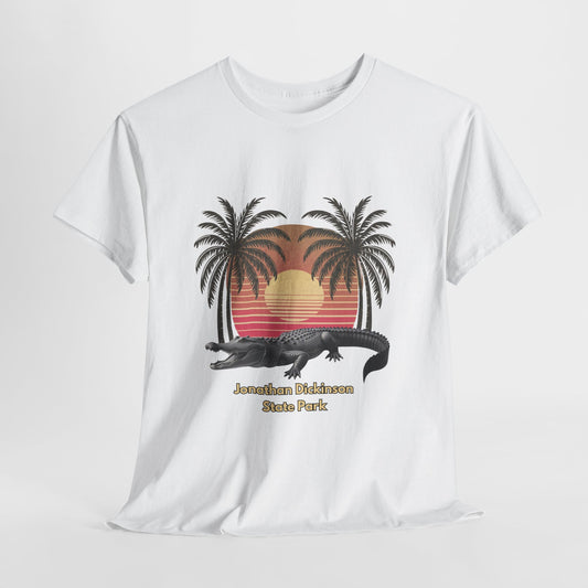 Retro alligator sunset T-shirt inspired by Jonathan Dickinson State Park. Stylish Florida souvenir tee for park lovers and outdoor fans.