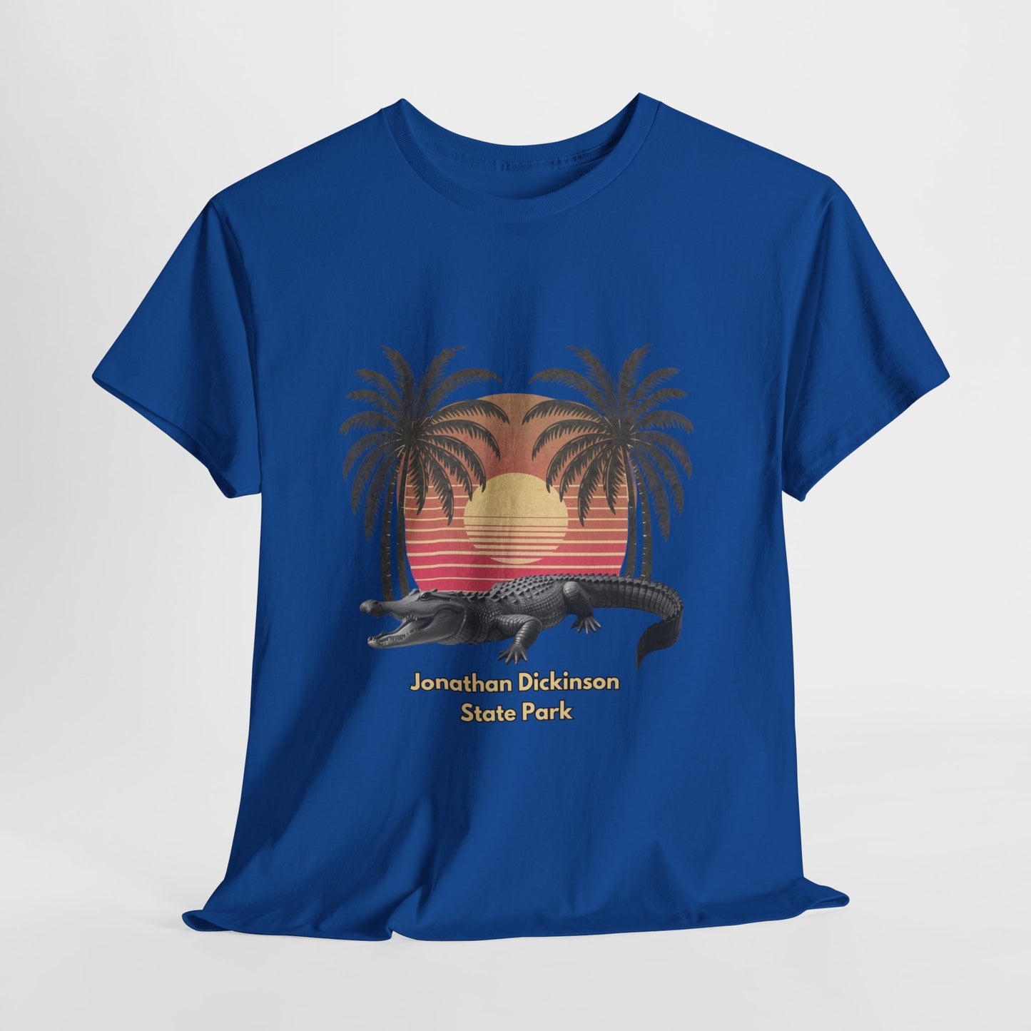 Retro alligator sunset T-shirt inspired by Jonathan Dickinson State Park. Stylish Florida souvenir tee for park lovers and outdoor fans.