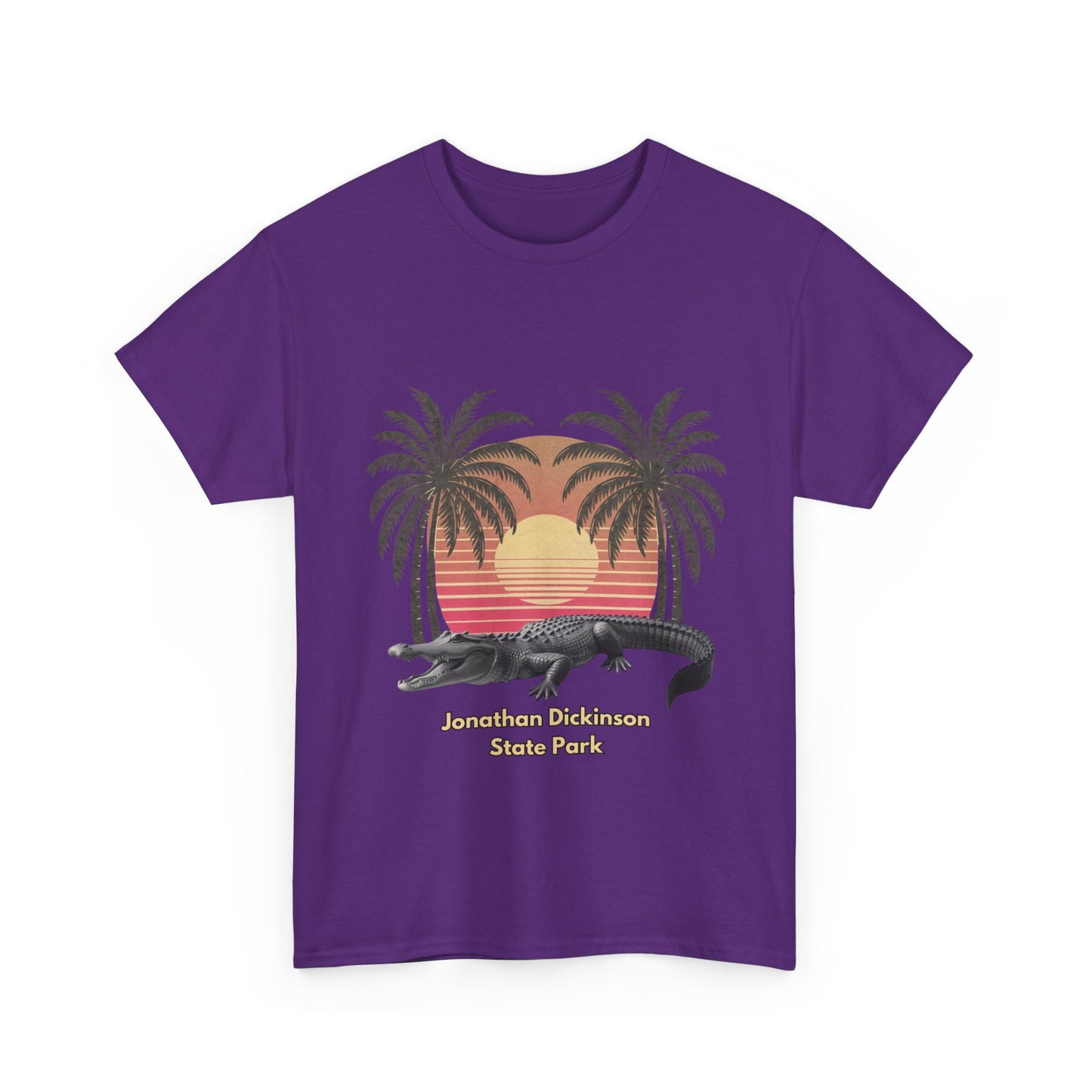Retro alligator sunset T-shirt inspired by Jonathan Dickinson State Park. Stylish Florida souvenir tee for park lovers and outdoor fans.