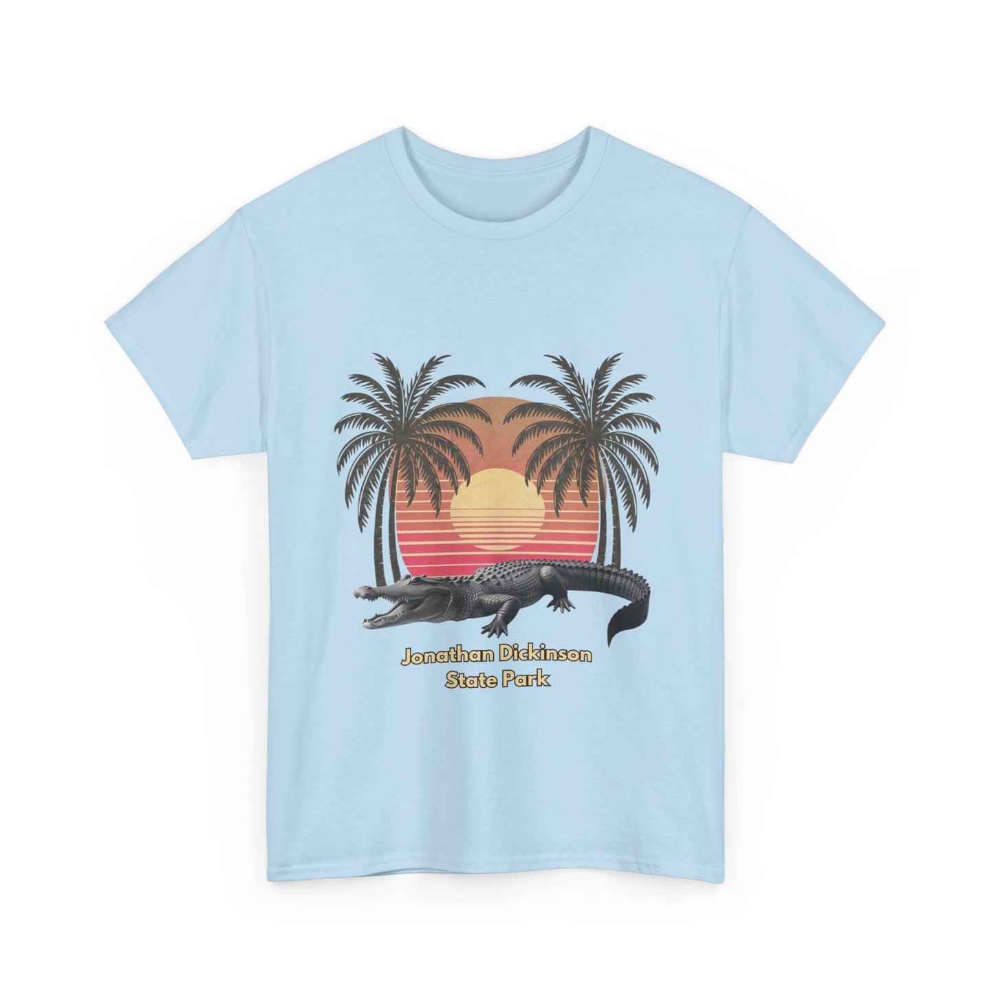 Retro alligator sunset T-shirt inspired by Jonathan Dickinson State Park. Stylish Florida souvenir tee for park lovers and outdoor fans.