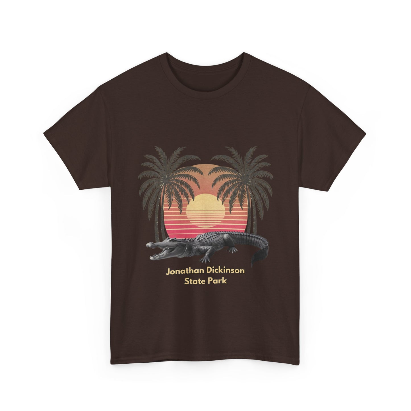 Retro alligator sunset T-shirt inspired by Jonathan Dickinson State Park. Stylish Florida souvenir tee for park lovers and outdoor fans.