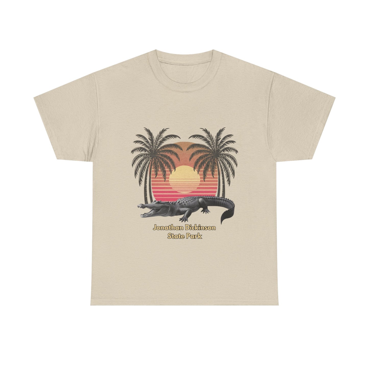 Retro alligator sunset T-shirt inspired by Jonathan Dickinson State Park. Stylish Florida souvenir tee for park lovers and outdoor fans.