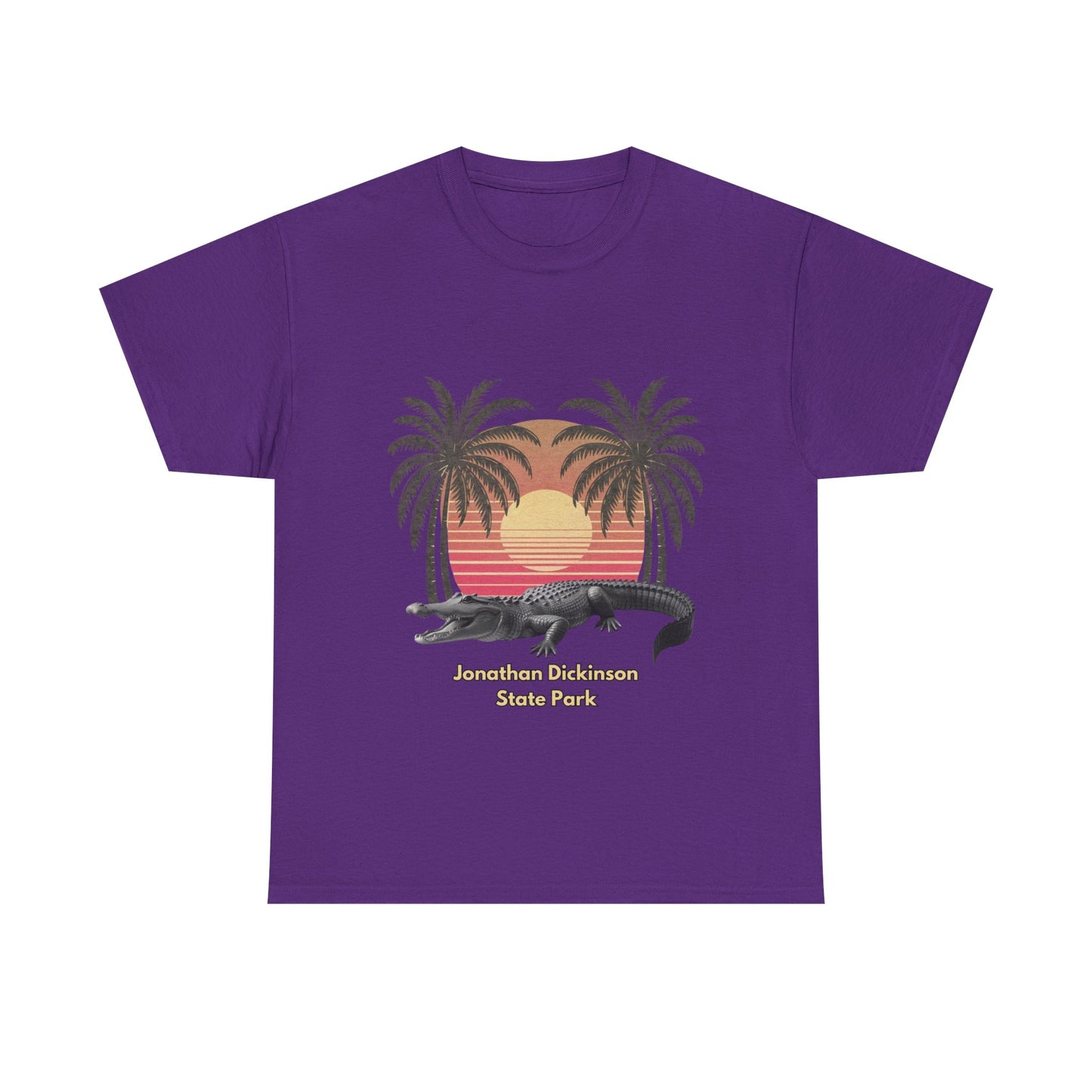 Retro alligator sunset T-shirt inspired by Jonathan Dickinson State Park. Stylish Florida souvenir tee for park lovers and outdoor fans.