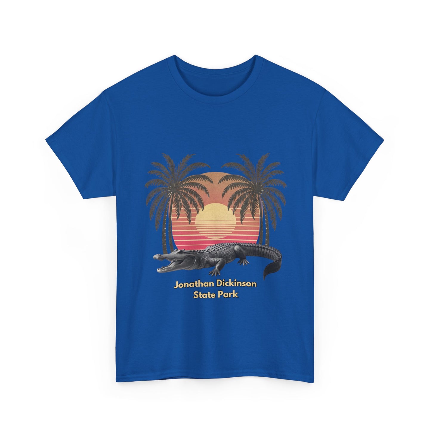 Retro alligator sunset T-shirt inspired by Jonathan Dickinson State Park. Stylish Florida souvenir tee for park lovers and outdoor fans.