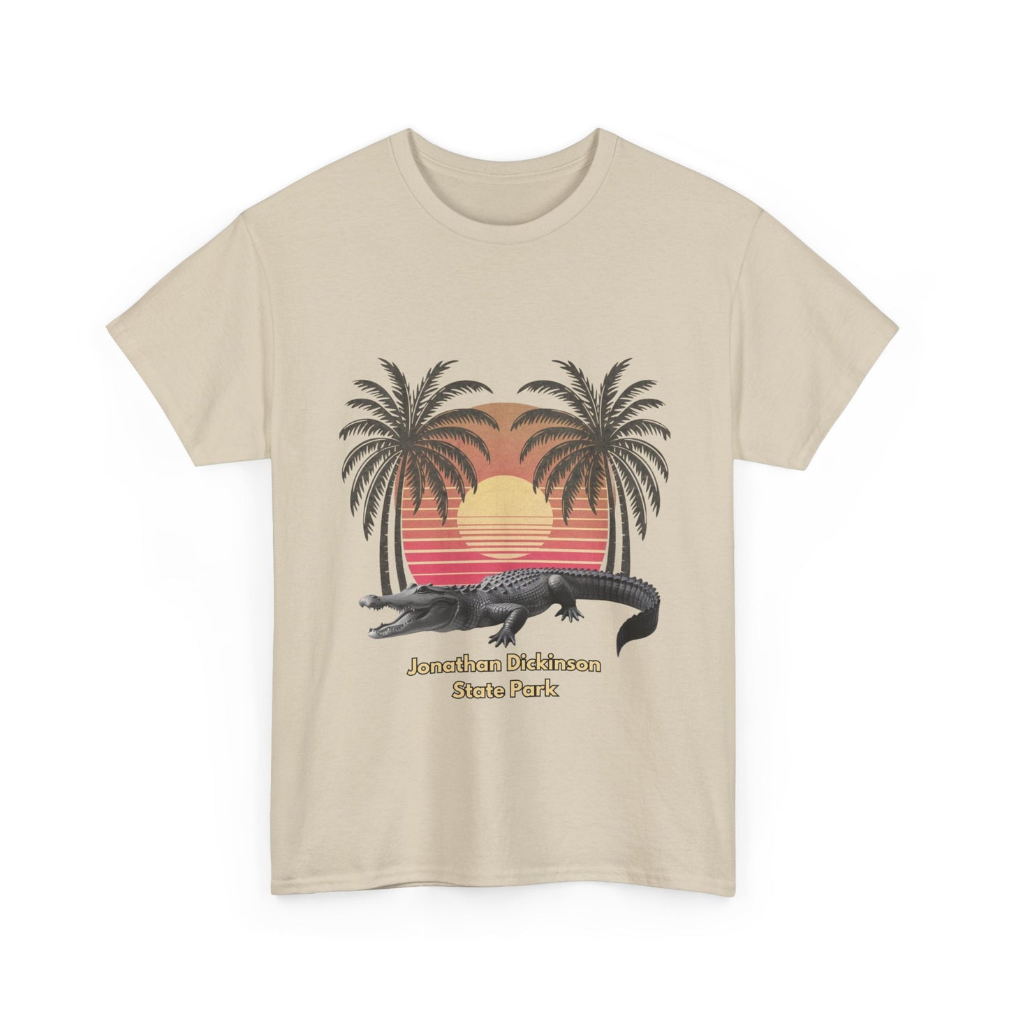 Retro alligator sunset T-shirt inspired by Jonathan Dickinson State Park. Stylish Florida souvenir tee for park lovers and outdoor fans.