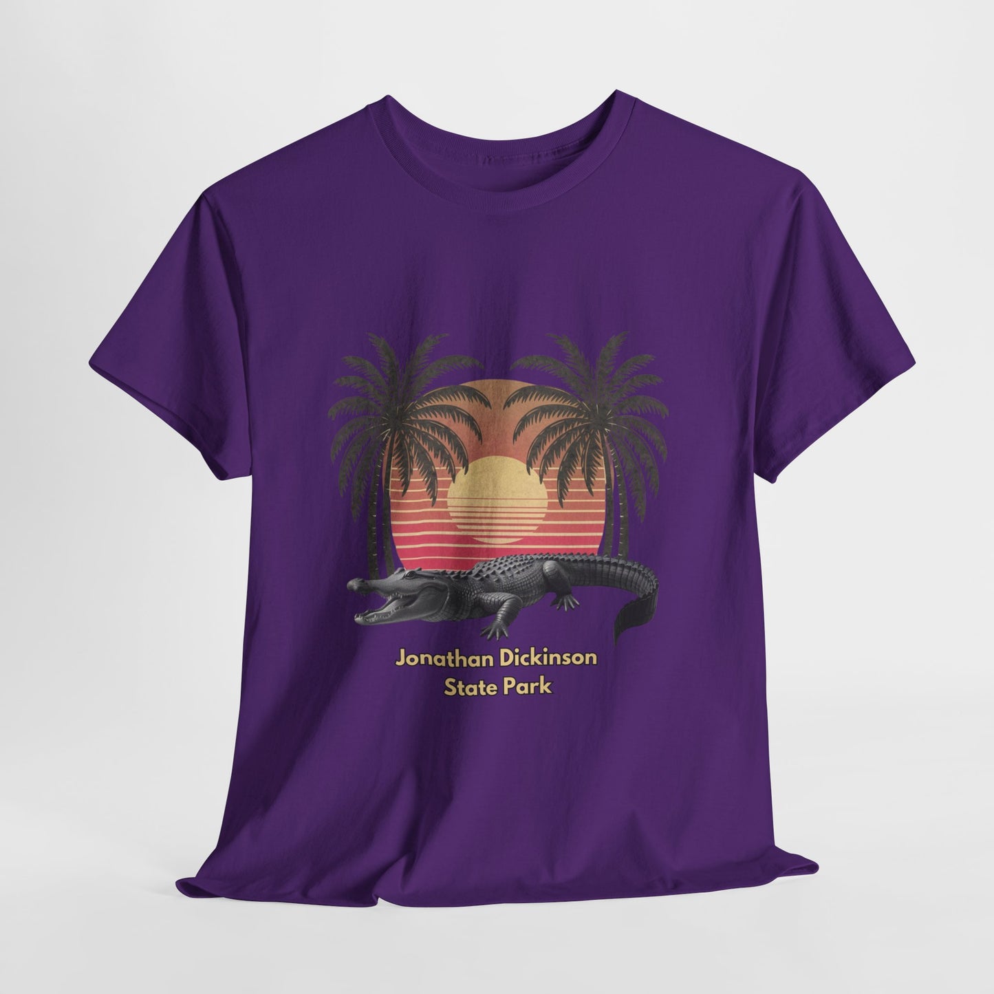 Retro alligator sunset T-shirt inspired by Jonathan Dickinson State Park. Stylish Florida souvenir tee for park lovers and outdoor fans.