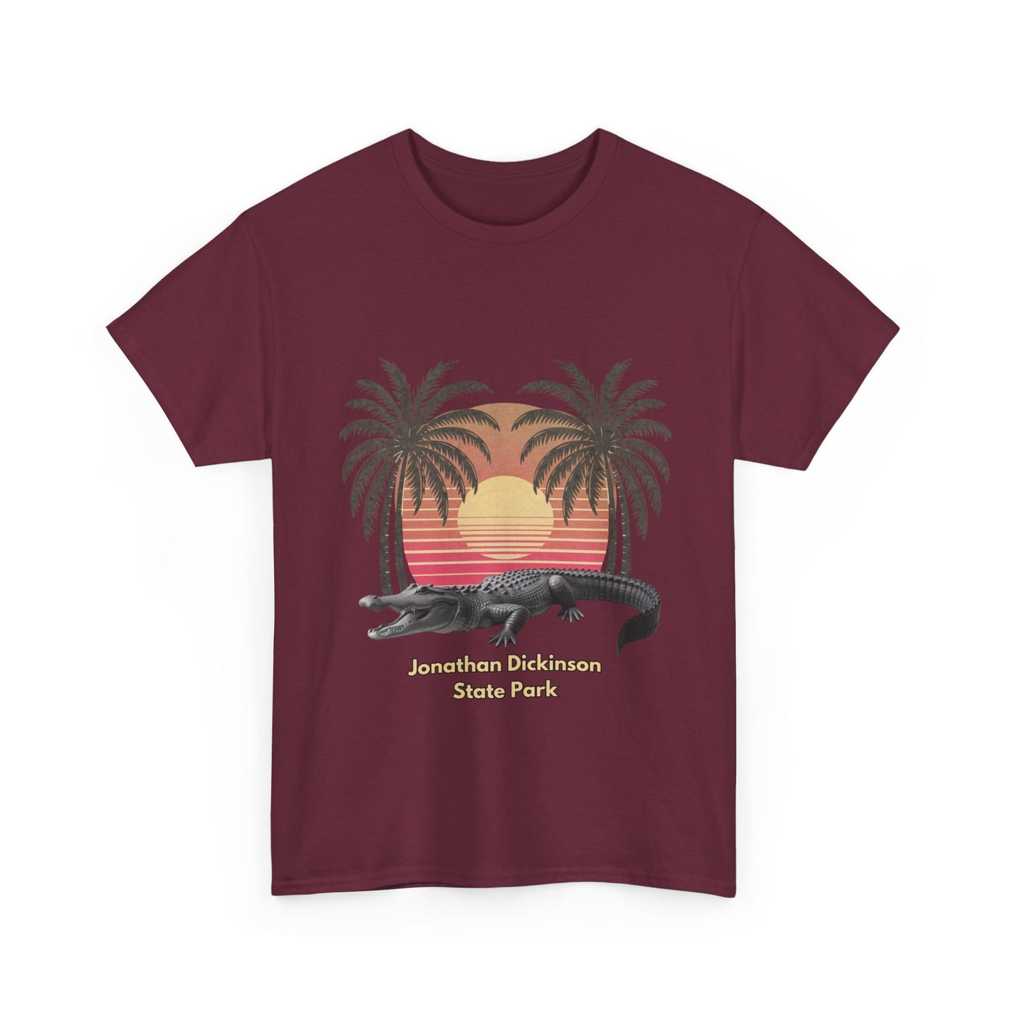 Retro alligator sunset T-shirt inspired by Jonathan Dickinson State Park. Stylish Florida souvenir tee for park lovers and outdoor fans.