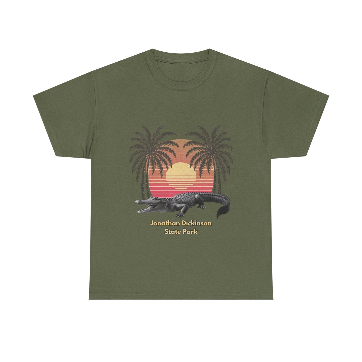 Retro alligator sunset T-shirt inspired by Jonathan Dickinson State Park. Stylish Florida souvenir tee for park lovers and outdoor fans.