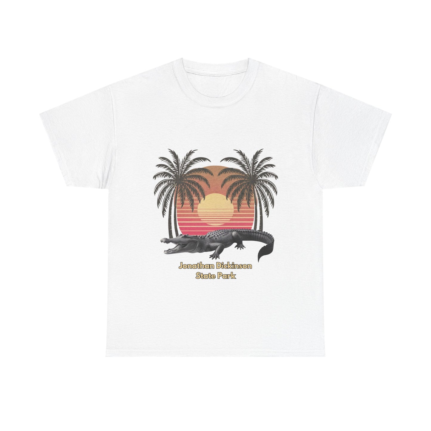 Retro alligator sunset T-shirt inspired by Jonathan Dickinson State Park. Stylish Florida souvenir tee for park lovers and outdoor fans.