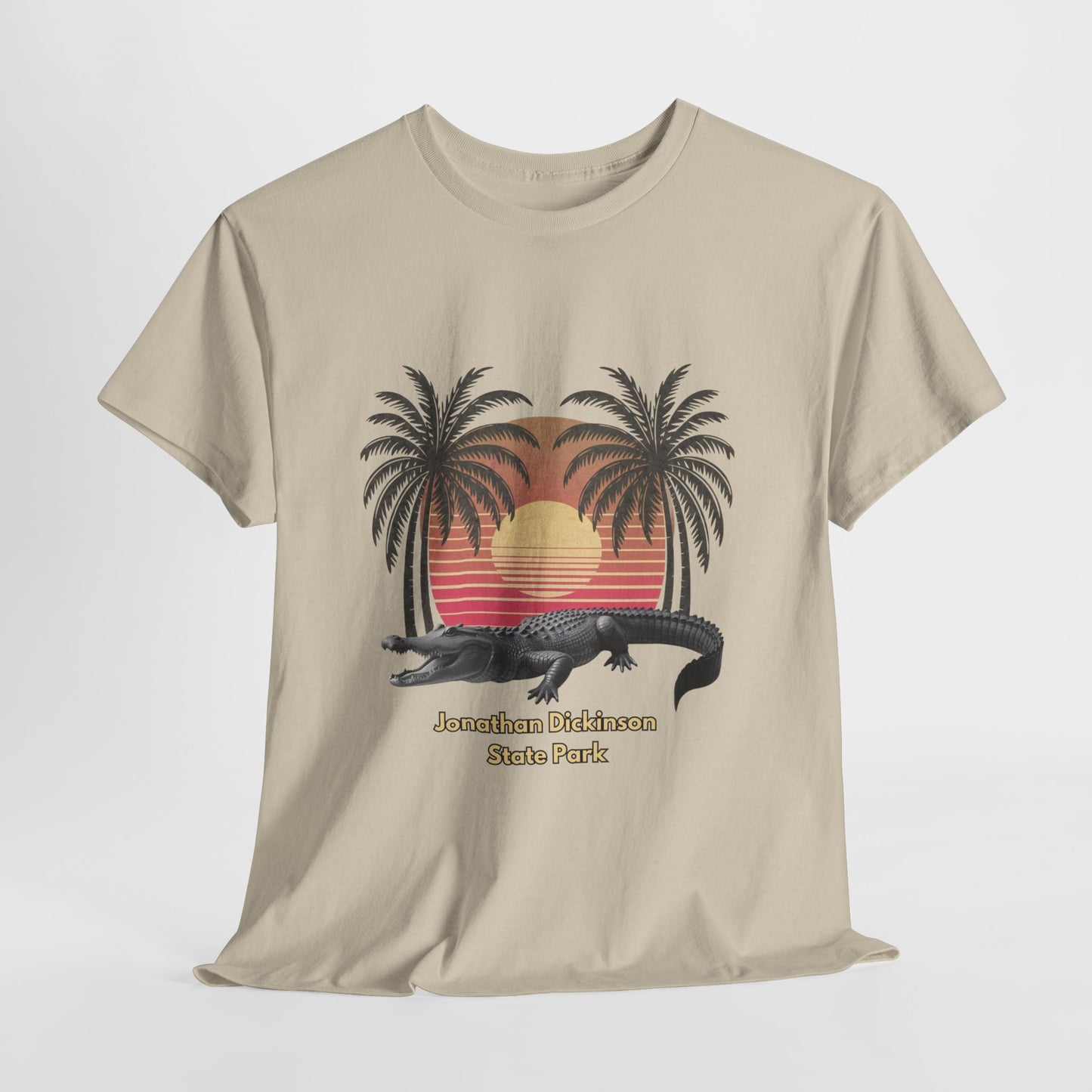 Retro alligator sunset T-shirt inspired by Jonathan Dickinson State Park. Stylish Florida souvenir tee for park lovers and outdoor fans.