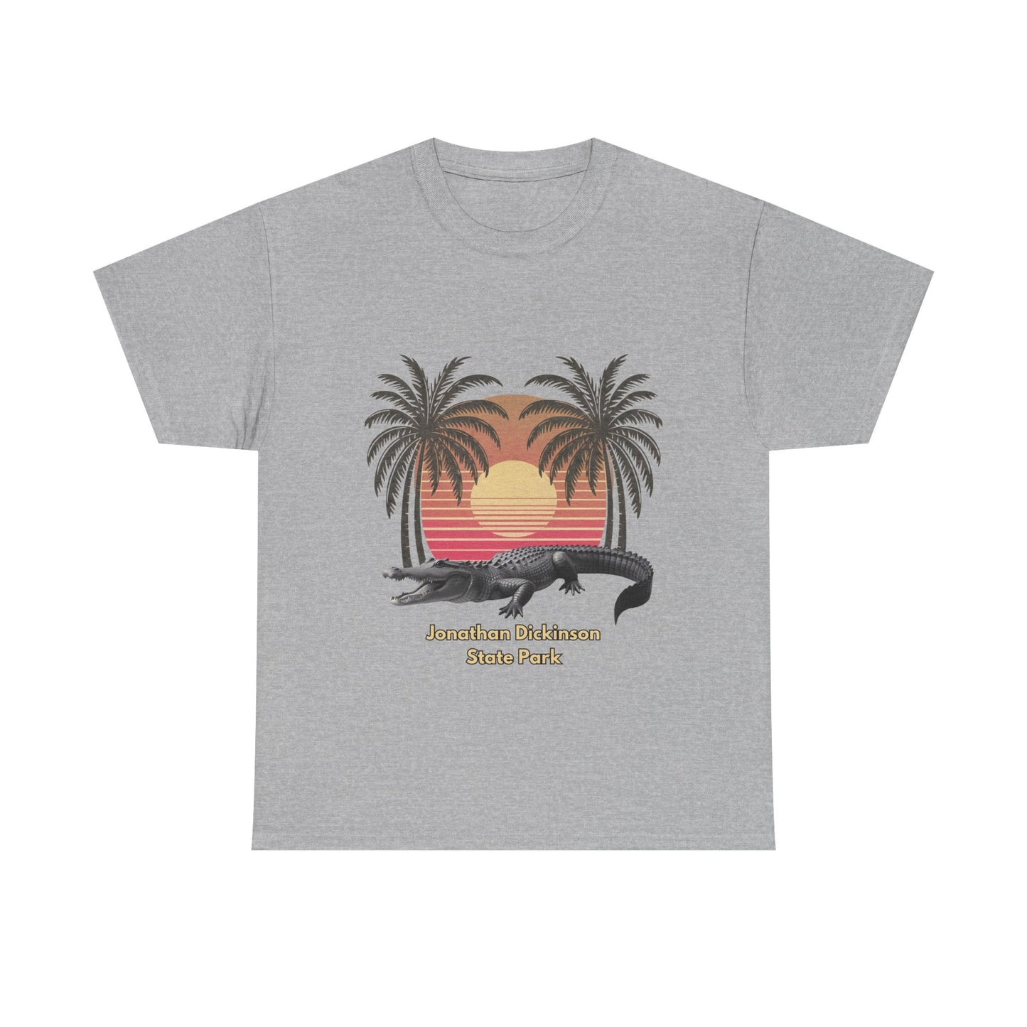 Retro alligator sunset T-shirt inspired by Jonathan Dickinson State Park. Stylish Florida souvenir tee for park lovers and outdoor fans.