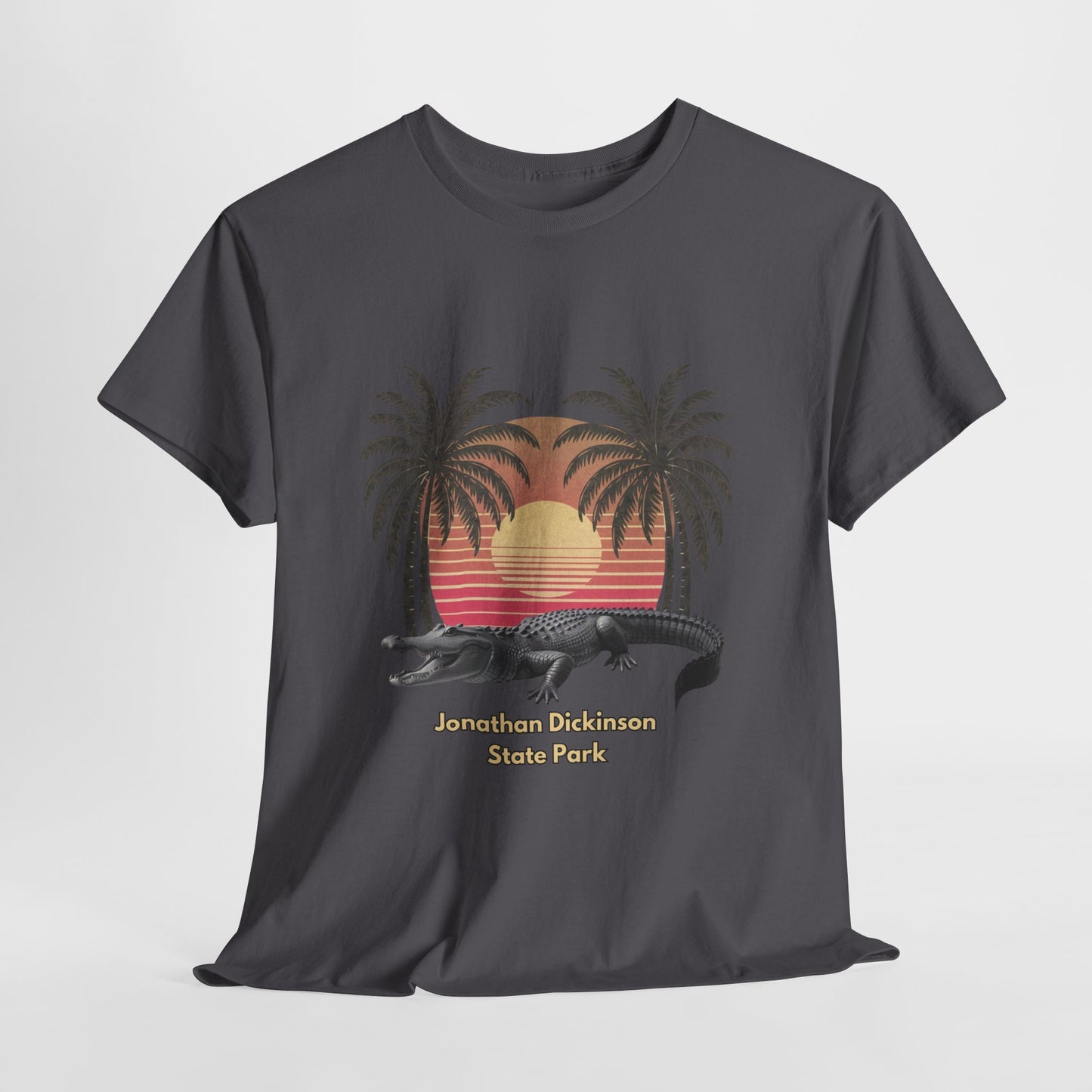 Retro alligator sunset T-shirt inspired by Jonathan Dickinson State Park. Stylish Florida souvenir tee for park lovers and outdoor fans.