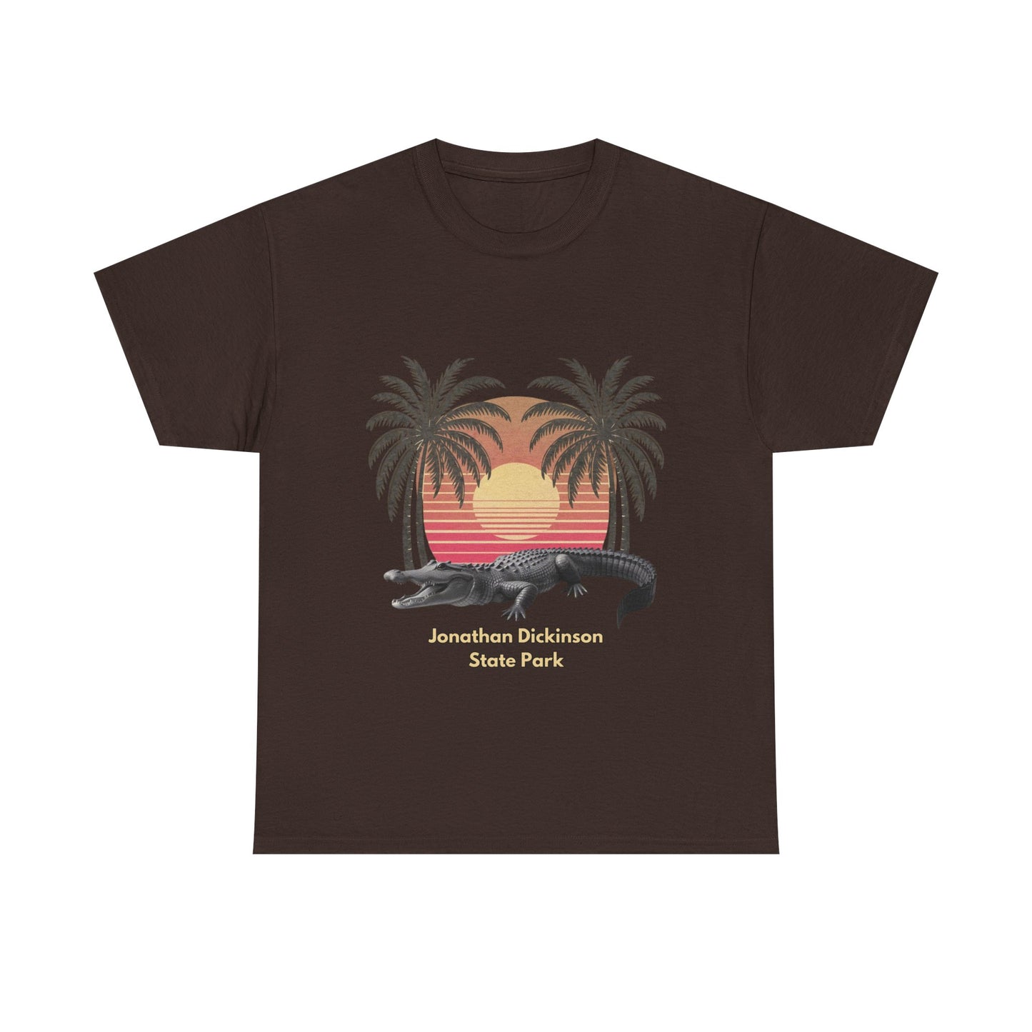 Retro alligator sunset T-shirt inspired by Jonathan Dickinson State Park. Stylish Florida souvenir tee for park lovers and outdoor fans.