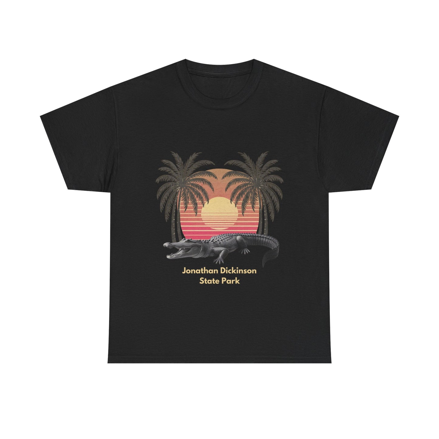 Retro alligator sunset T-shirt inspired by Jonathan Dickinson State Park. Stylish Florida souvenir tee for park lovers and outdoor fans.