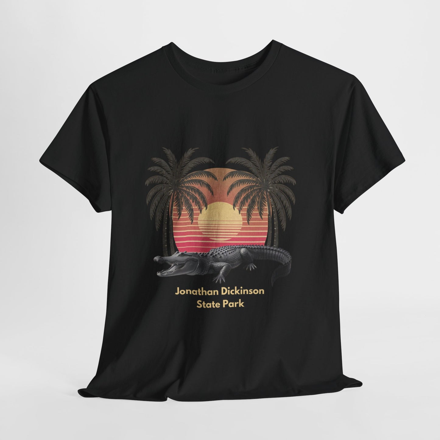 Retro alligator sunset T-shirt inspired by Jonathan Dickinson State Park. Stylish Florida souvenir tee for park lovers and outdoor fans.