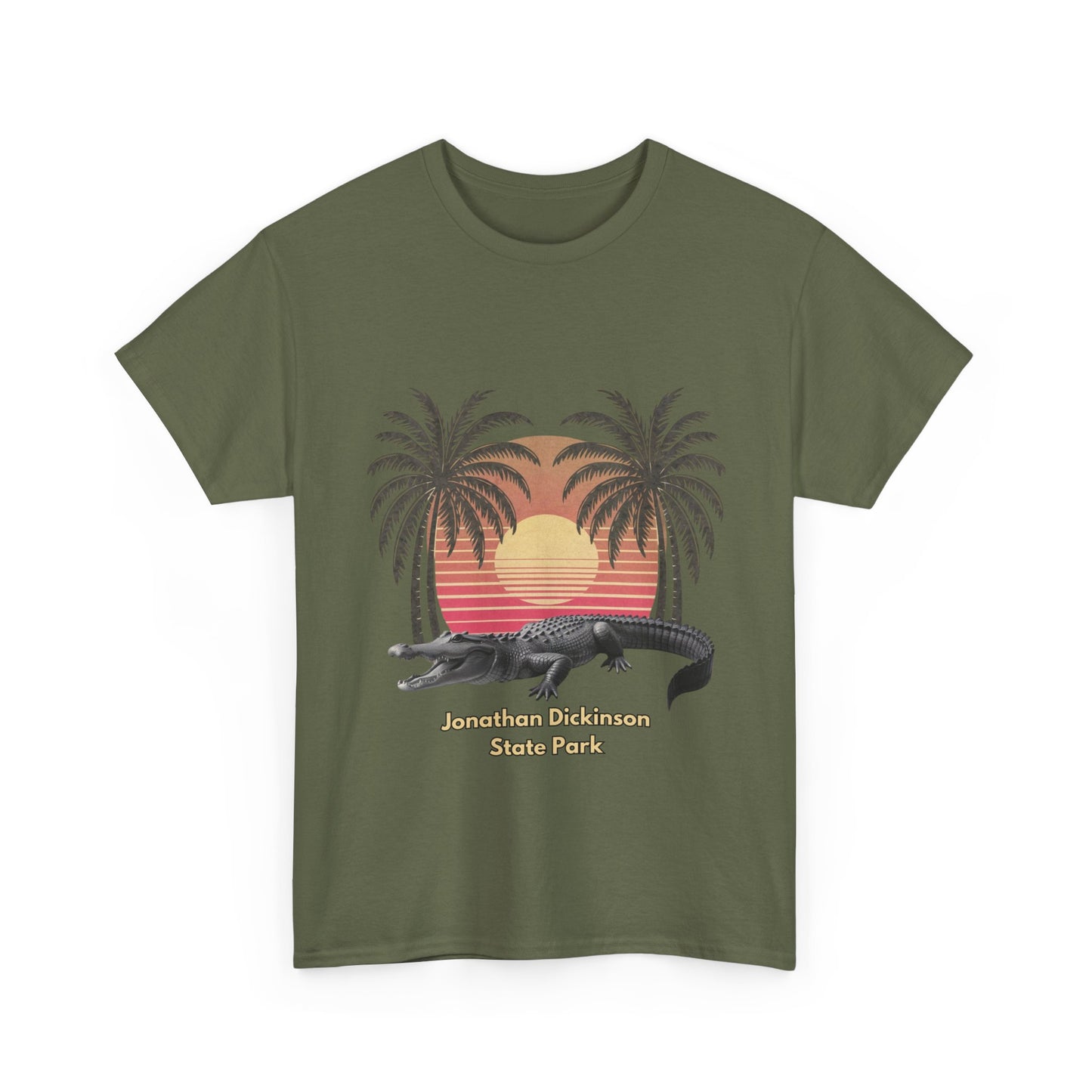 Retro alligator sunset T-shirt inspired by Jonathan Dickinson State Park. Stylish Florida souvenir tee for park lovers and outdoor fans.