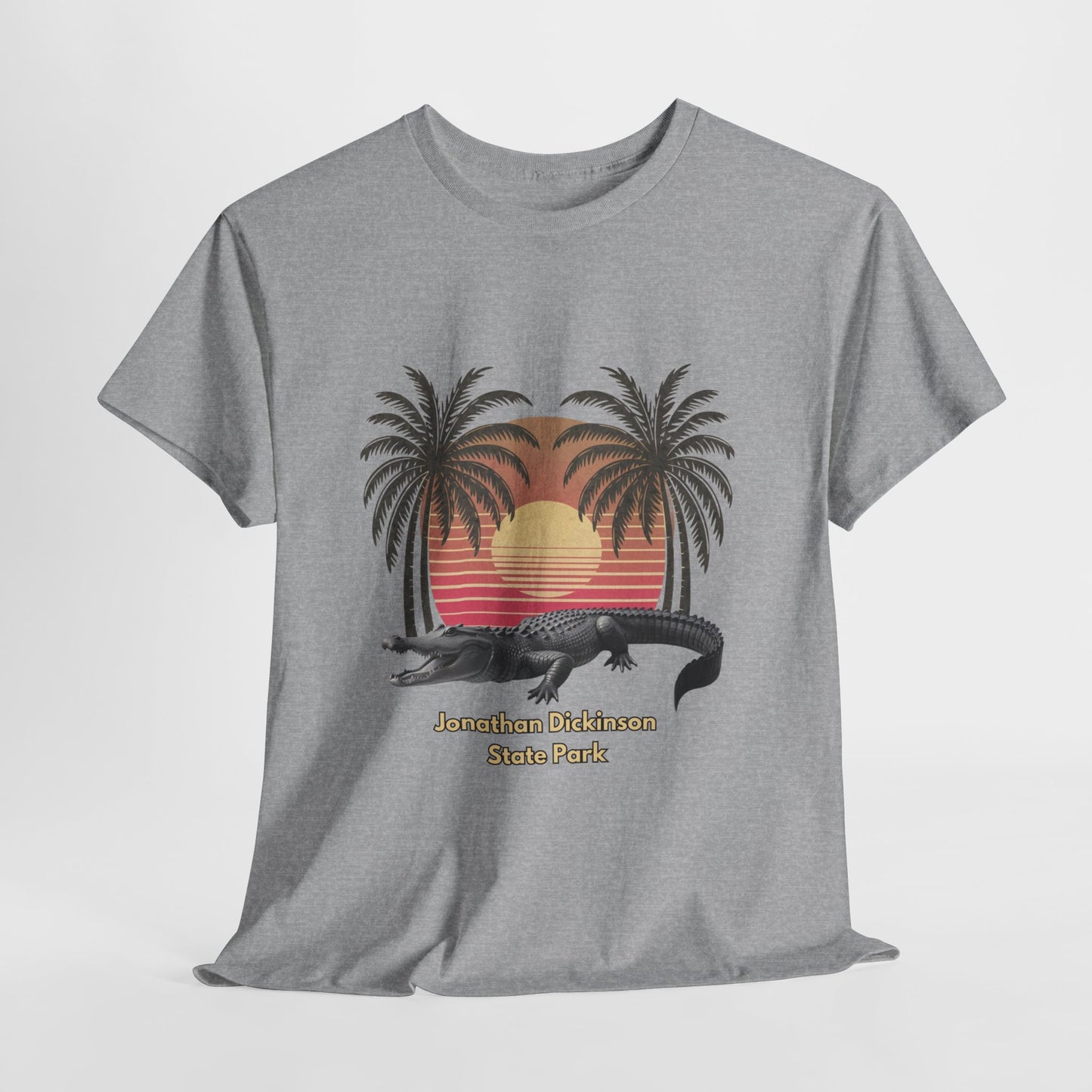 Retro alligator sunset T-shirt inspired by Jonathan Dickinson State Park. Stylish Florida souvenir tee for park lovers and outdoor fans.
