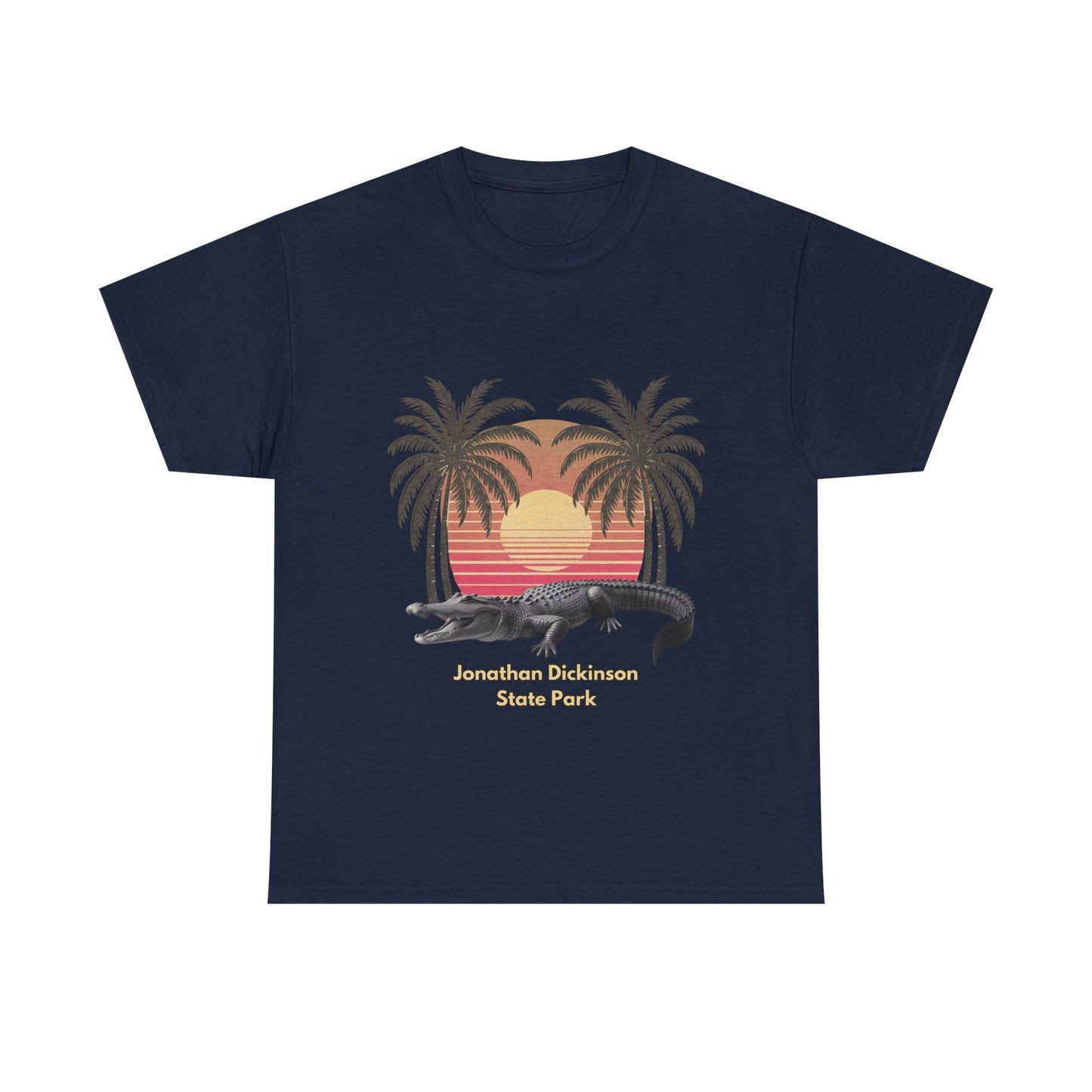 Retro alligator sunset T-shirt inspired by Jonathan Dickinson State Park. Stylish Florida souvenir tee for park lovers and outdoor fans.