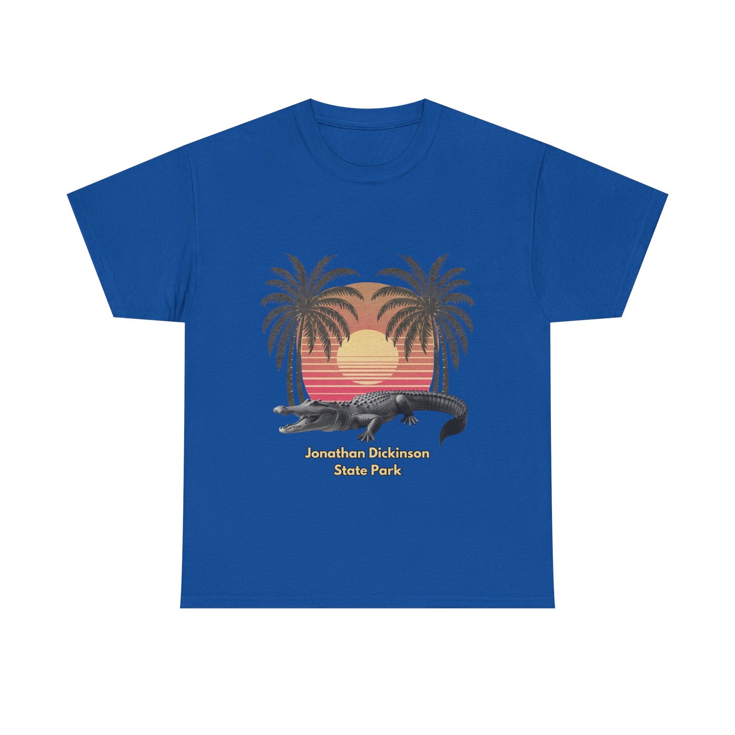 Retro alligator sunset T-shirt inspired by Jonathan Dickinson State Park. Stylish Florida souvenir tee for park lovers and outdoor fans.