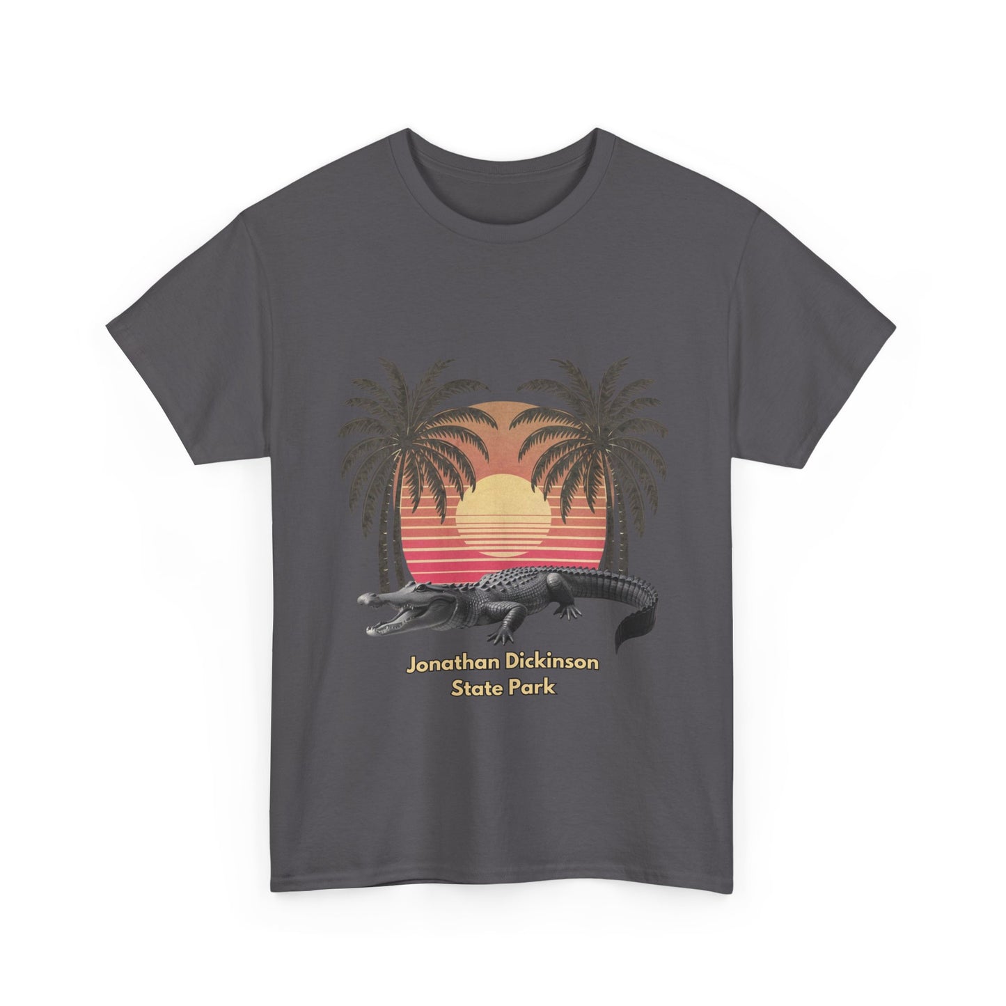 Retro alligator sunset T-shirt inspired by Jonathan Dickinson State Park. Stylish Florida souvenir tee for park lovers and outdoor fans.