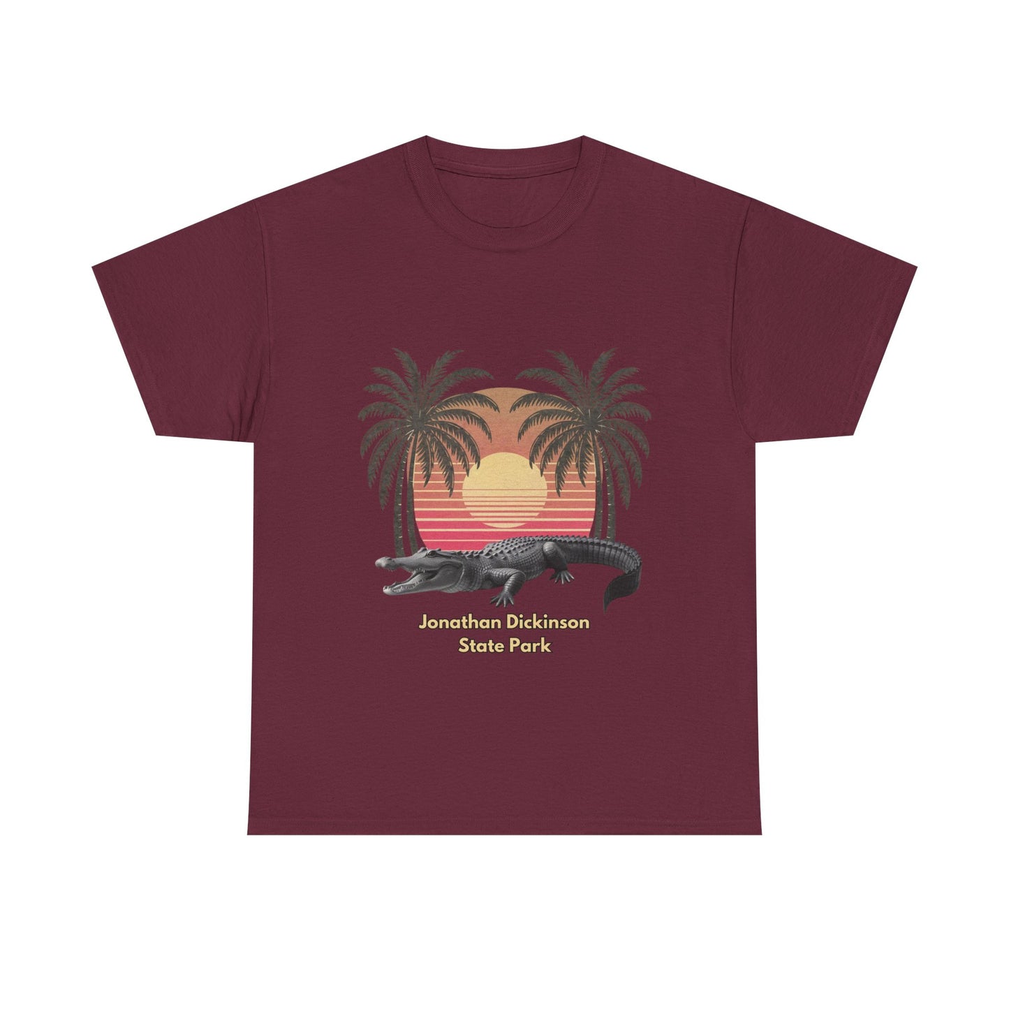 Retro alligator sunset T-shirt inspired by Jonathan Dickinson State Park. Stylish Florida souvenir tee for park lovers and outdoor fans.