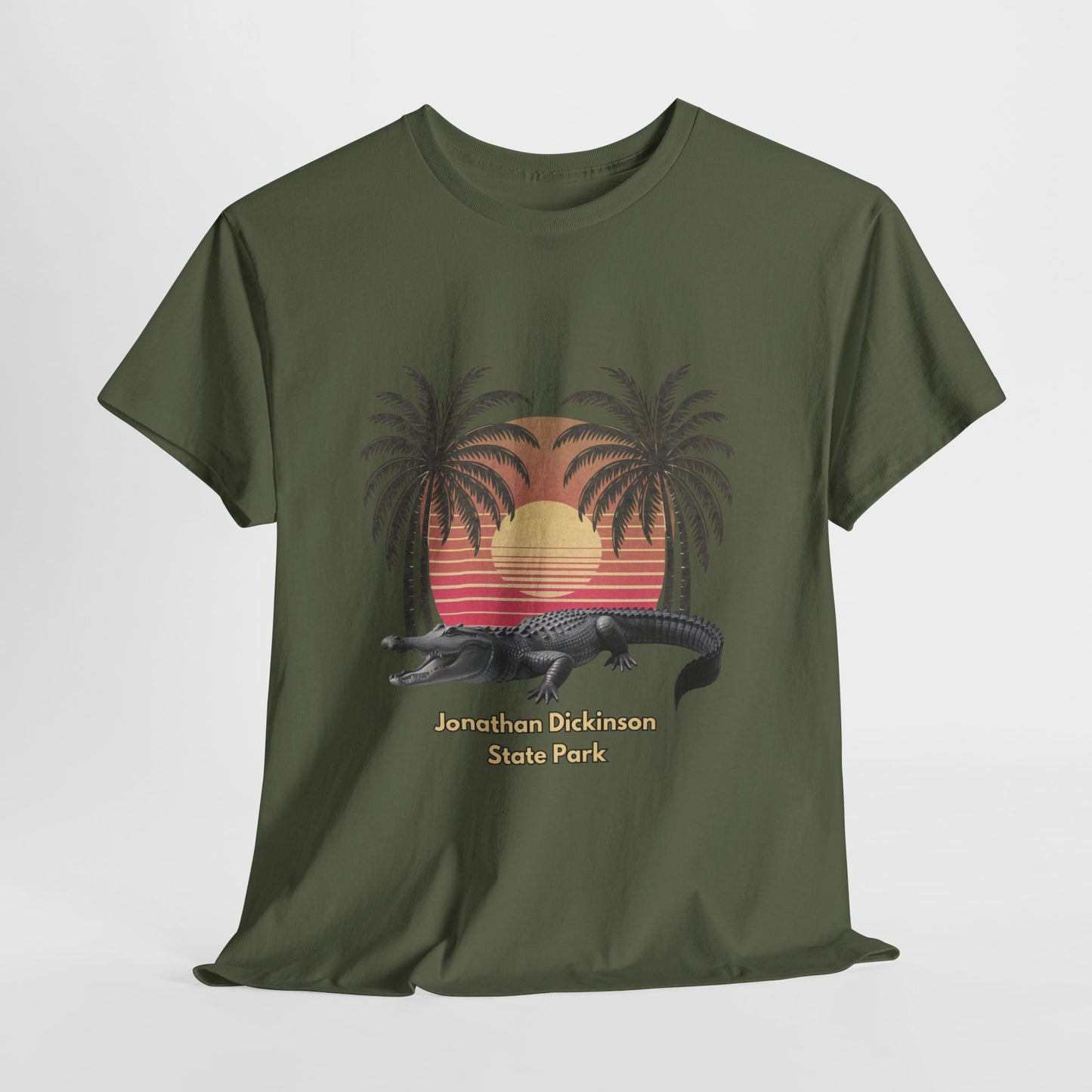 Retro alligator sunset T-shirt inspired by Jonathan Dickinson State Park. Stylish Florida souvenir tee for park lovers and outdoor fans.