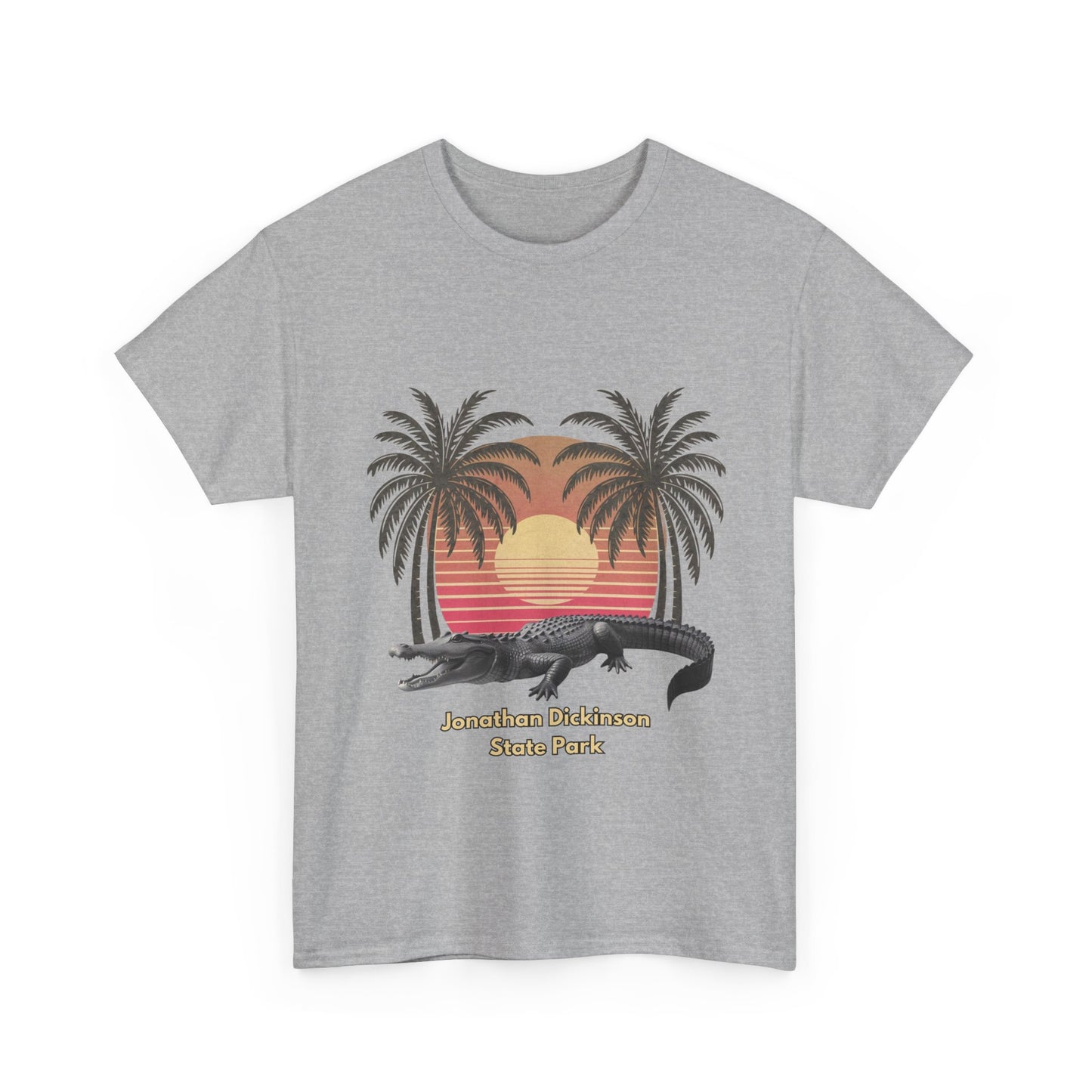 Retro alligator sunset T-shirt inspired by Jonathan Dickinson State Park. Stylish Florida souvenir tee for park lovers and outdoor fans.
