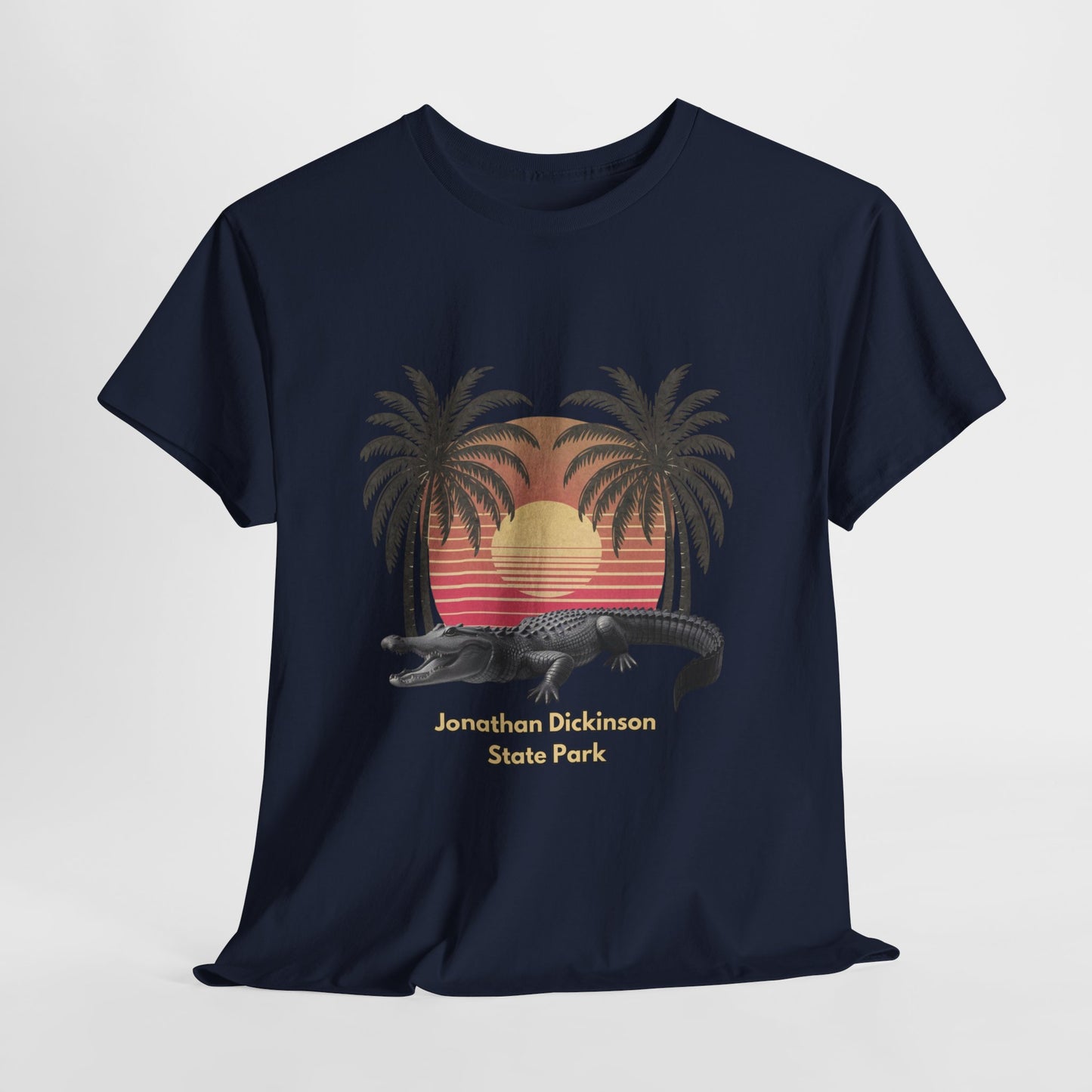 Retro alligator sunset T-shirt inspired by Jonathan Dickinson State Park. Stylish Florida souvenir tee for park lovers and outdoor fans.