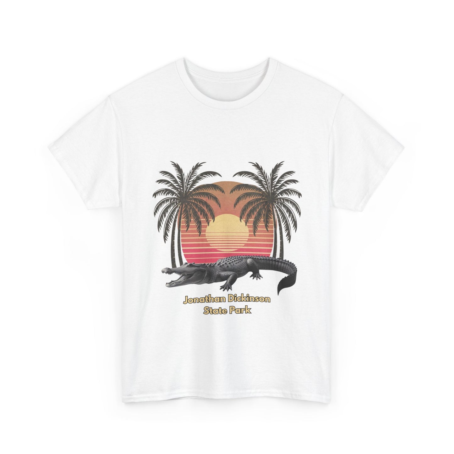 Retro alligator sunset T-shirt inspired by Jonathan Dickinson State Park. Stylish Florida souvenir tee for park lovers and outdoor fans.
