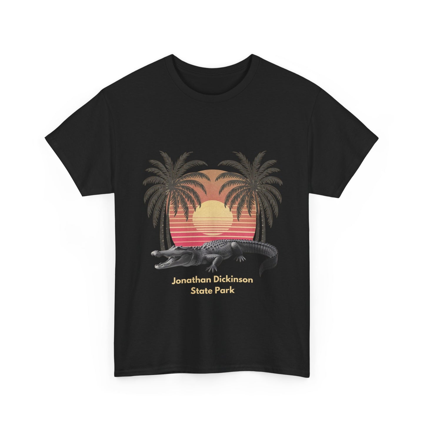 Retro alligator sunset T-shirt inspired by Jonathan Dickinson State Park. Stylish Florida souvenir tee for park lovers and outdoor fans.