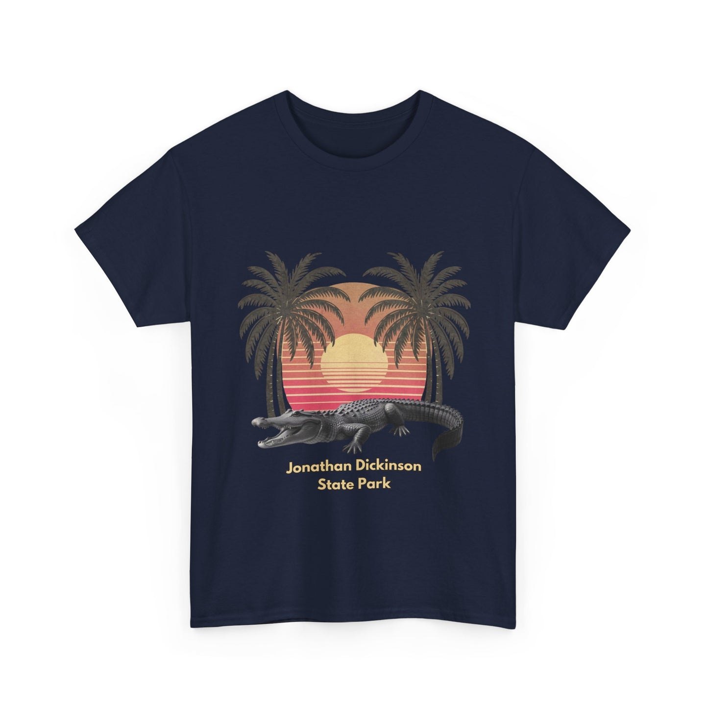 Retro alligator sunset T-shirt inspired by Jonathan Dickinson State Park. Stylish Florida souvenir tee for park lovers and outdoor fans.
