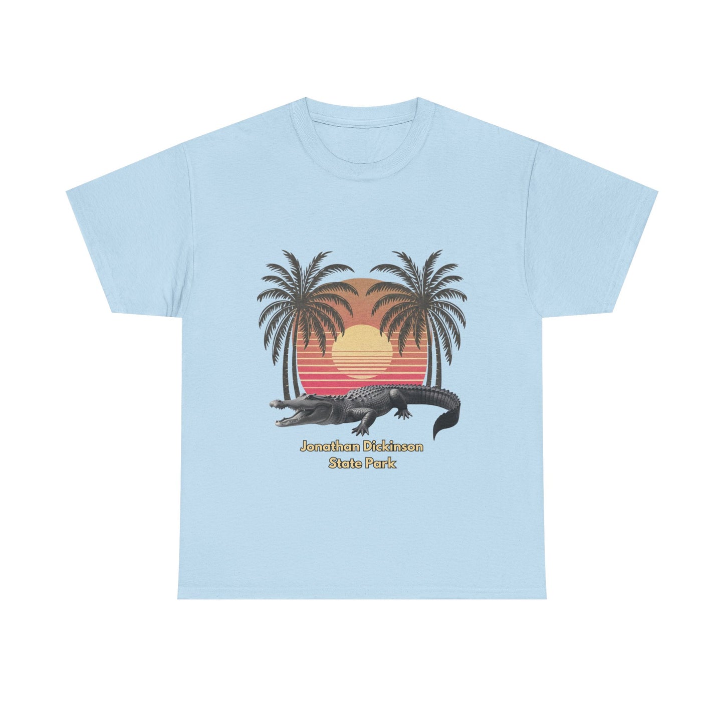 Retro alligator sunset T-shirt inspired by Jonathan Dickinson State Park. Stylish Florida souvenir tee for park lovers and outdoor fans.