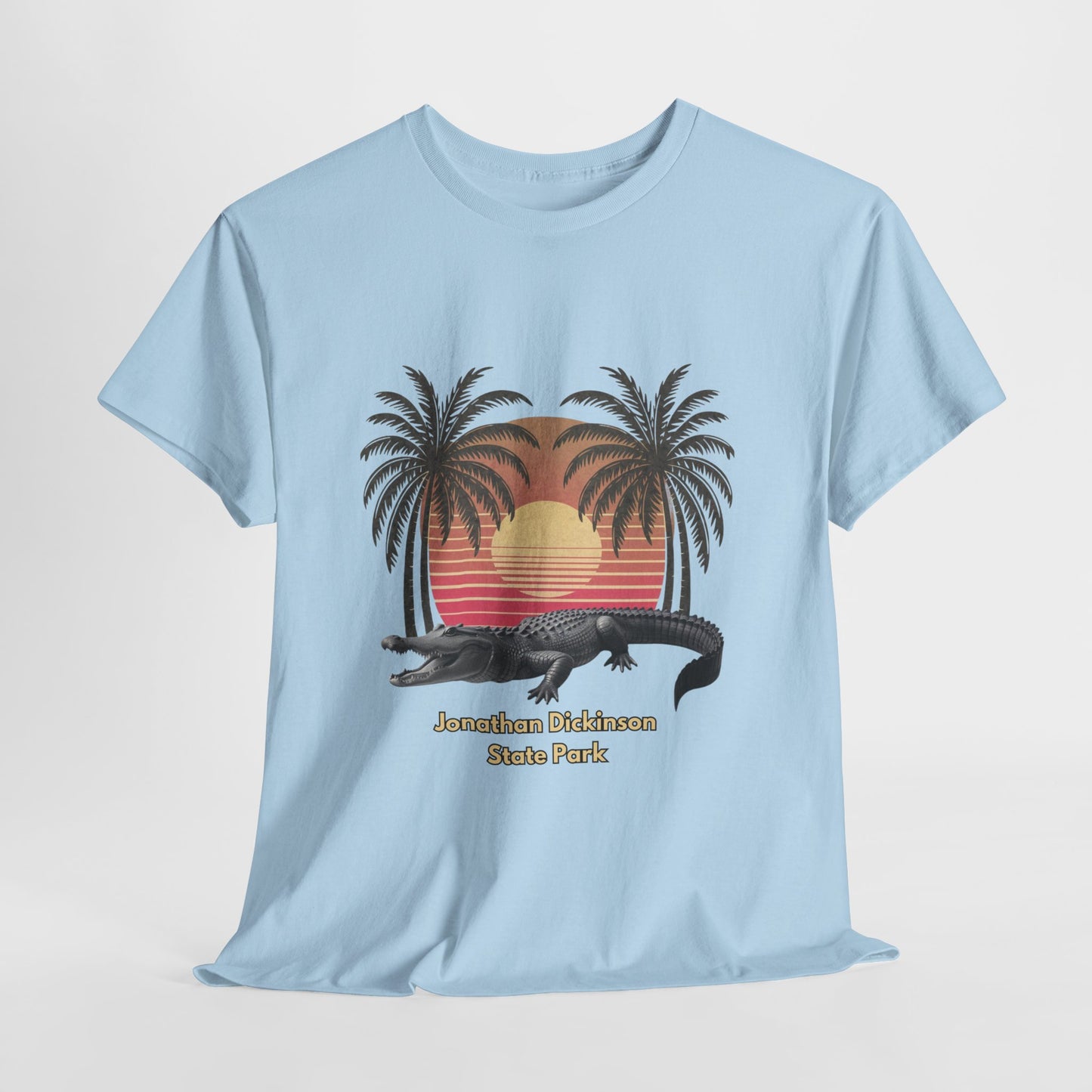 Retro alligator sunset T-shirt inspired by Jonathan Dickinson State Park. Stylish Florida souvenir tee for park lovers and outdoor fans.