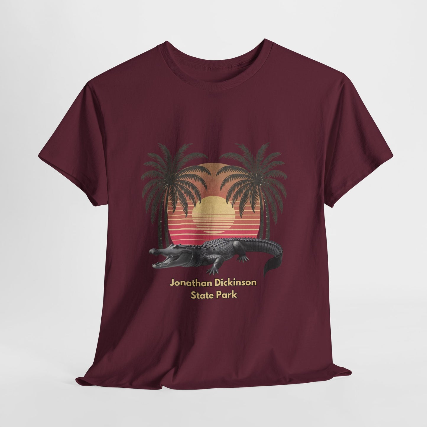 Retro alligator sunset T-shirt inspired by Jonathan Dickinson State Park. Stylish Florida souvenir tee for park lovers and outdoor fans.