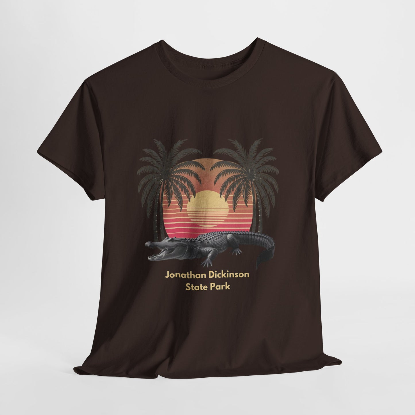 Retro alligator sunset T-shirt inspired by Jonathan Dickinson State Park. Stylish Florida souvenir tee for park lovers and outdoor fans.